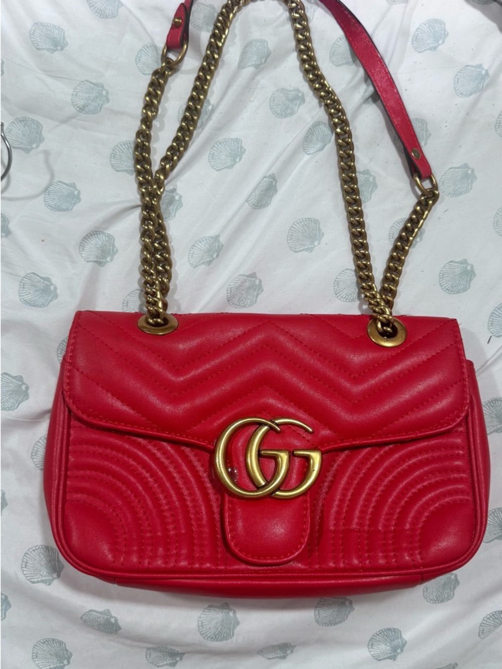 Gucci Red GG Marmont Chevron Shoulder Bag with Gold Chain